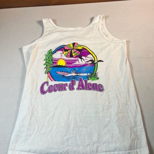 Anvil Coeur D'Alene Parasail Retro Tank Top Women’s L White Graphic Vintage 90s 