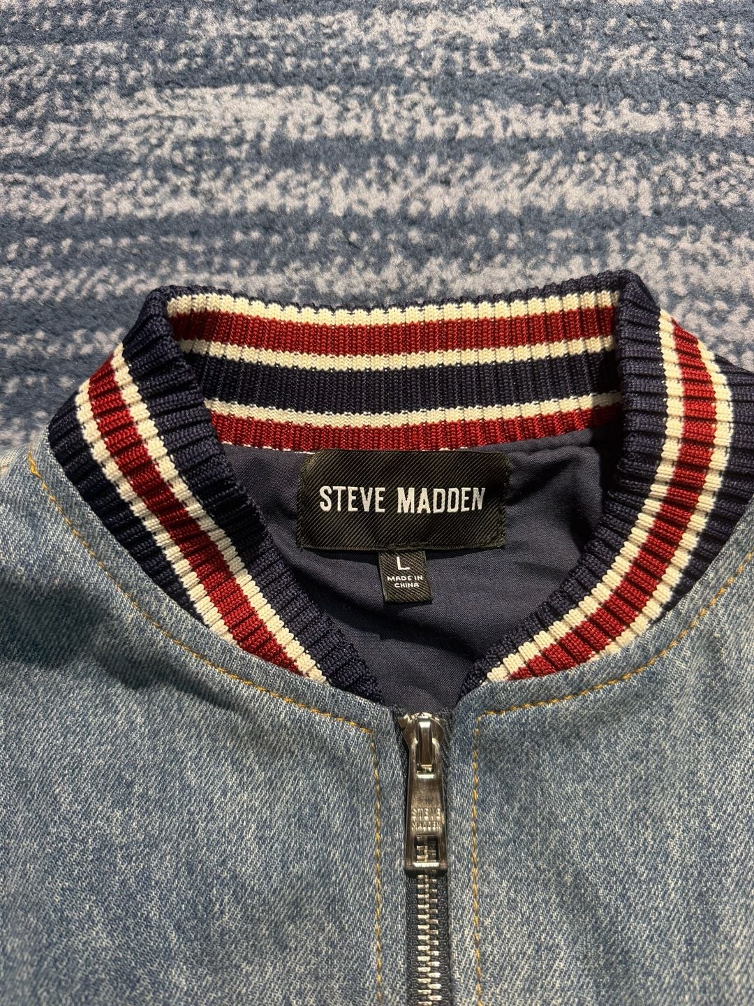 Steve Madden Denim Bomber Jacket Size L Striped Rib Trim 2