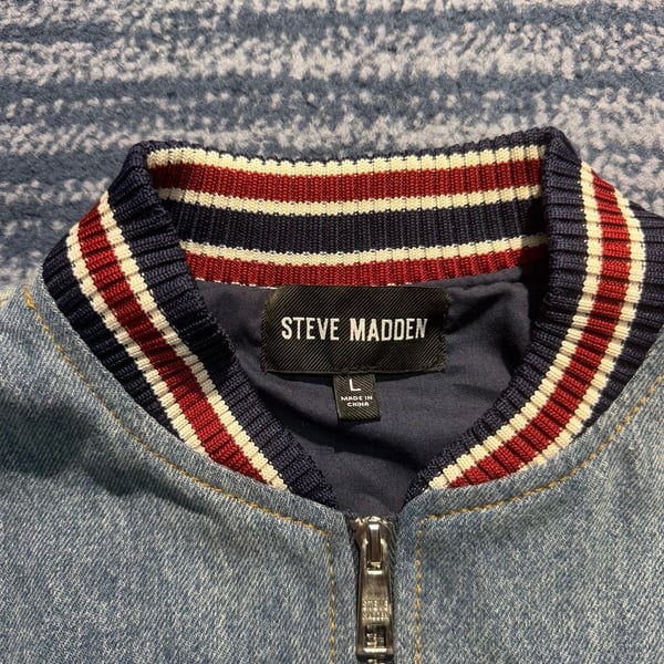 Steve Madden Denim Bomber Jacket Size L Striped Rib Trim