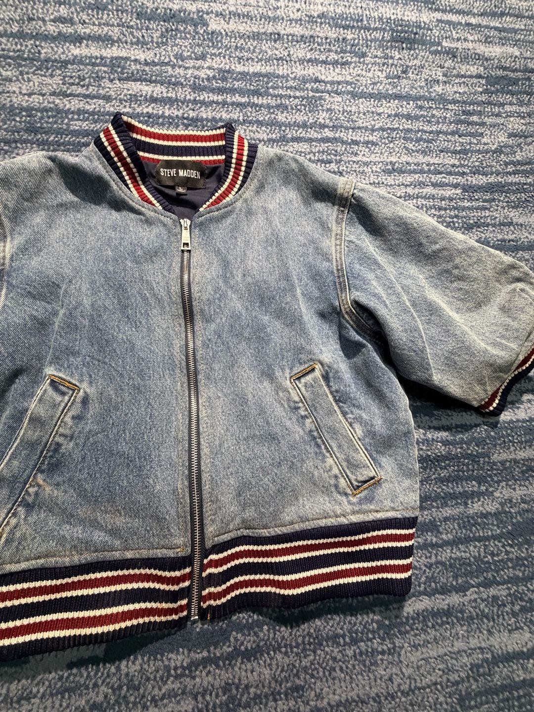 Steve Madden Denim Bomber Jacket Size L Striped Rib Trim 3