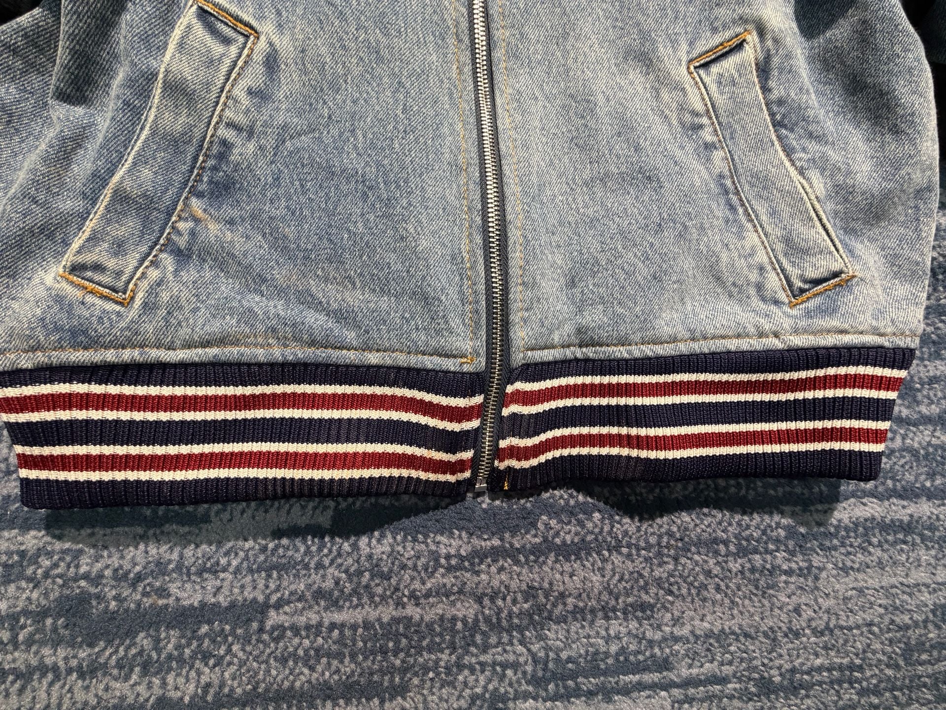 Steve Madden Denim Bomber Jacket Size L Striped Rib Trim 5