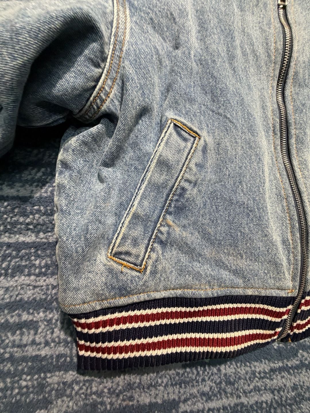 Steve Madden Denim Bomber Jacket Size L Striped Rib Trim 6