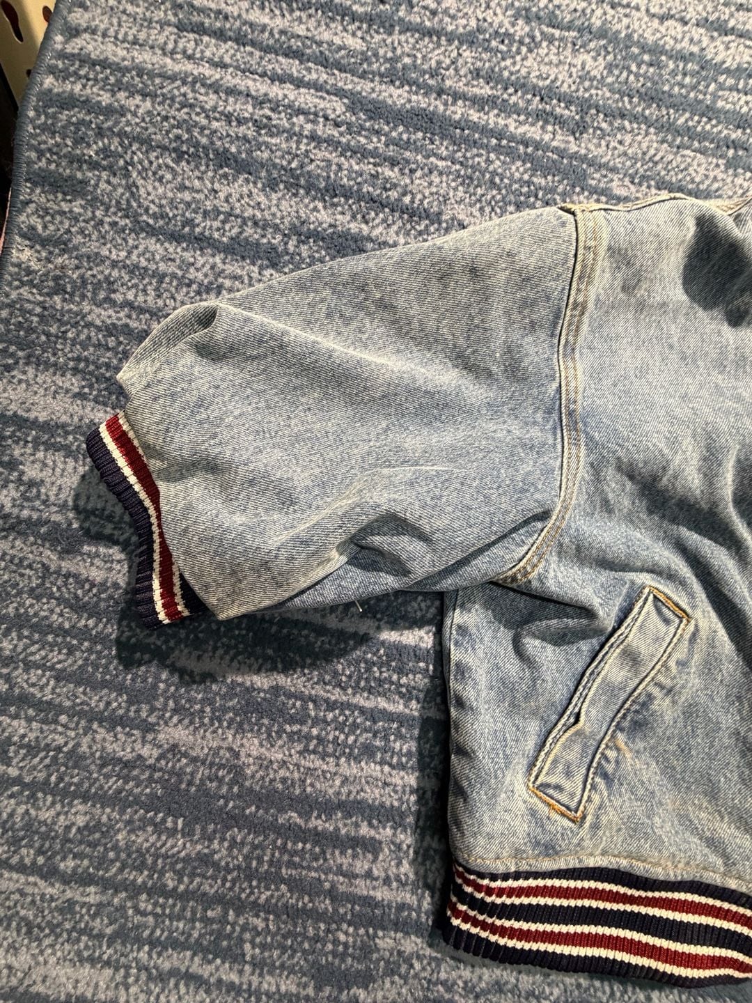 Steve Madden Denim Bomber Jacket Size L Striped Rib Trim 7