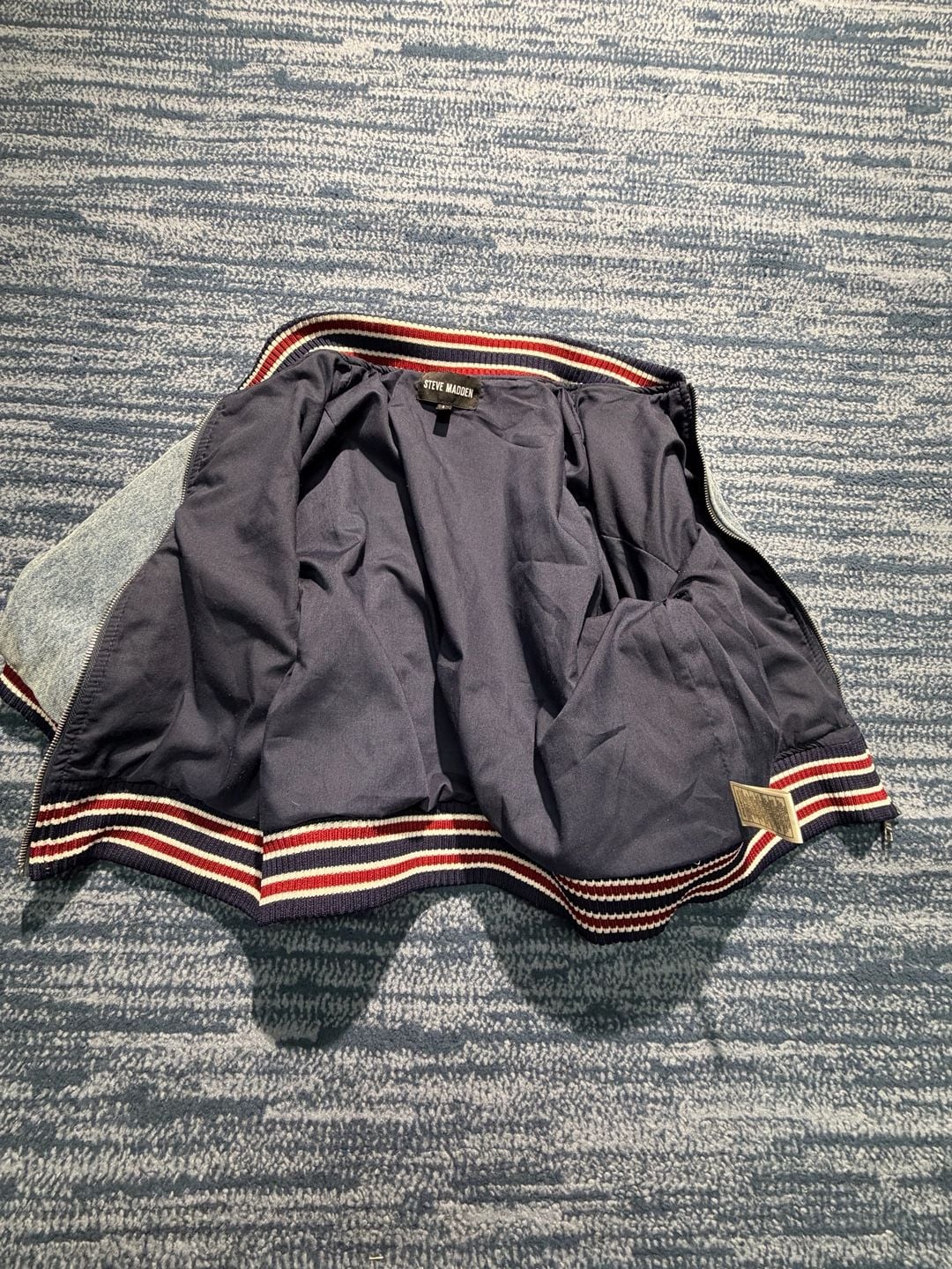 Steve Madden Denim Bomber Jacket Size L Striped Rib Trim 9