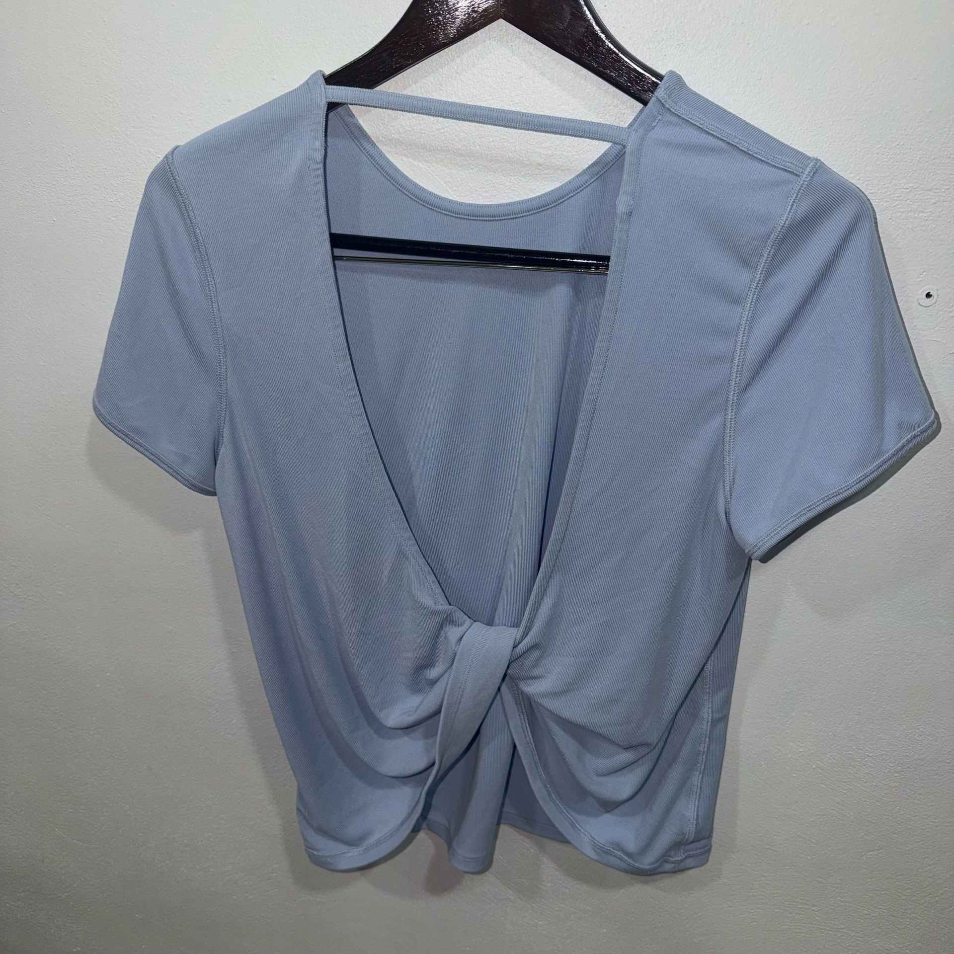 Lululemon Twist Front Crop Top Dusty Blue Ribbed Knit Short Sleeve Tee 2