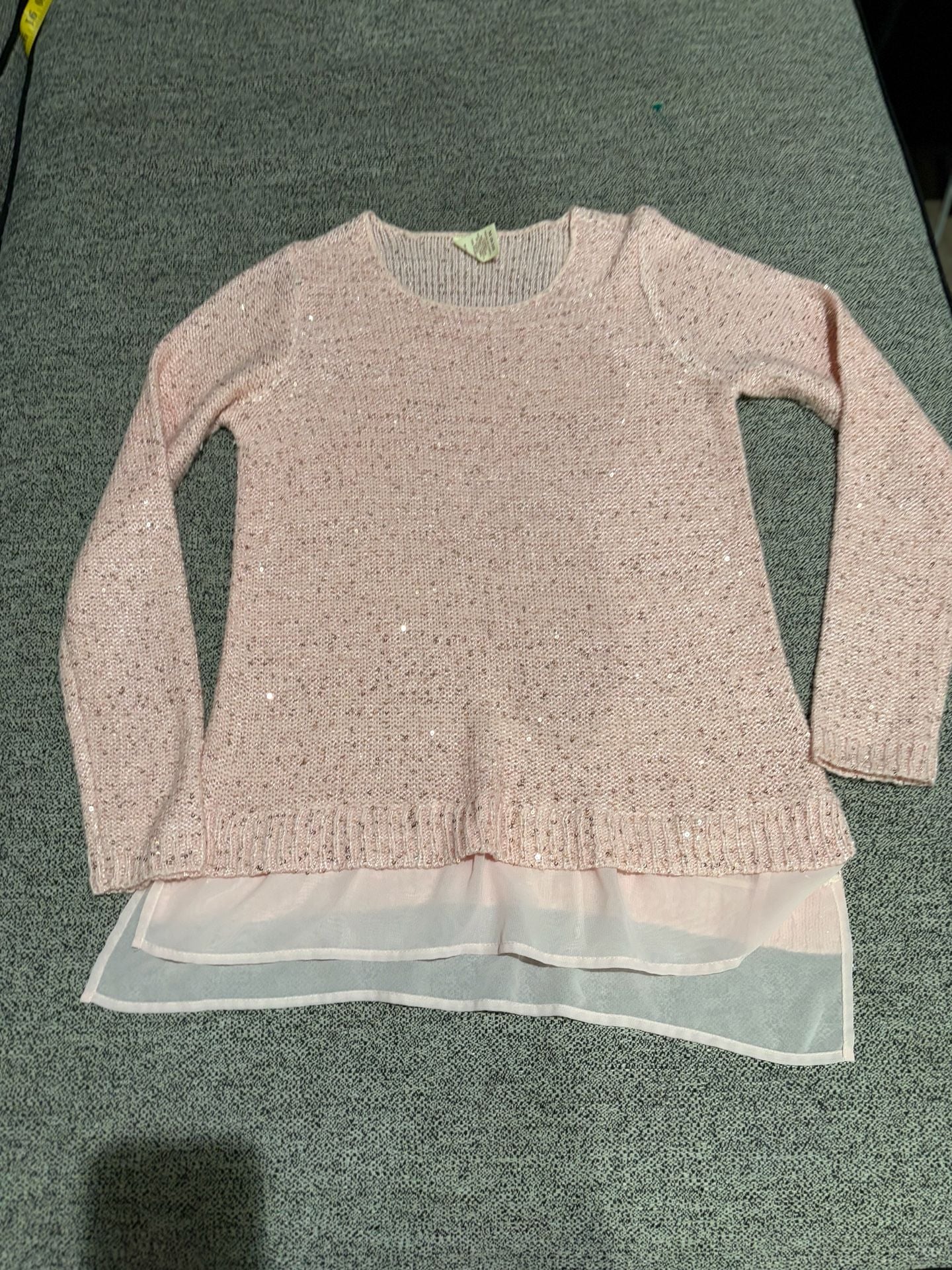 075-Faded Glory Sweater Size M (8-10) Pink Sequin Sheer Hem 2