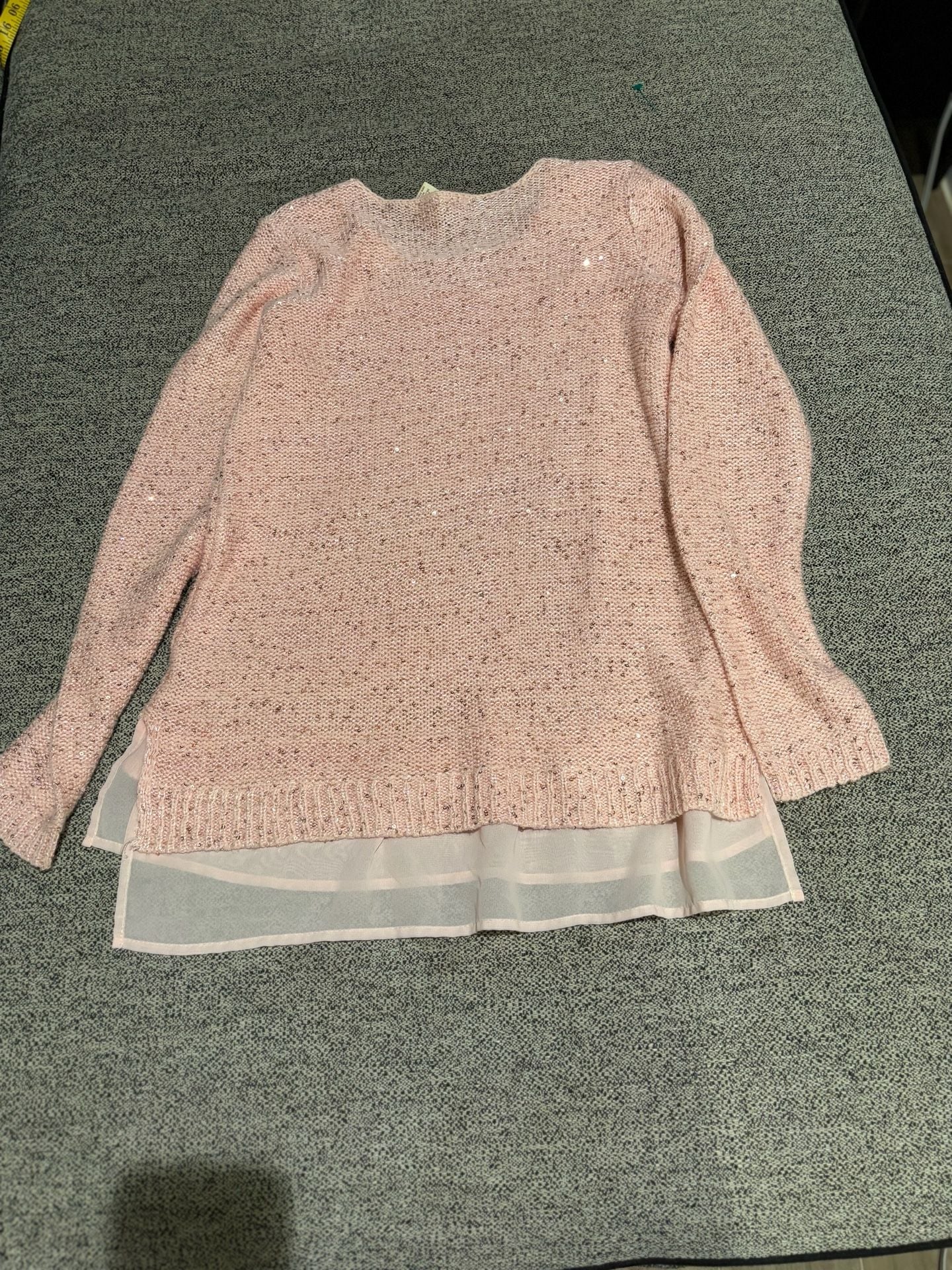 075-Faded Glory Sweater Size M (8-10) Pink Sequin Sheer Hem 3