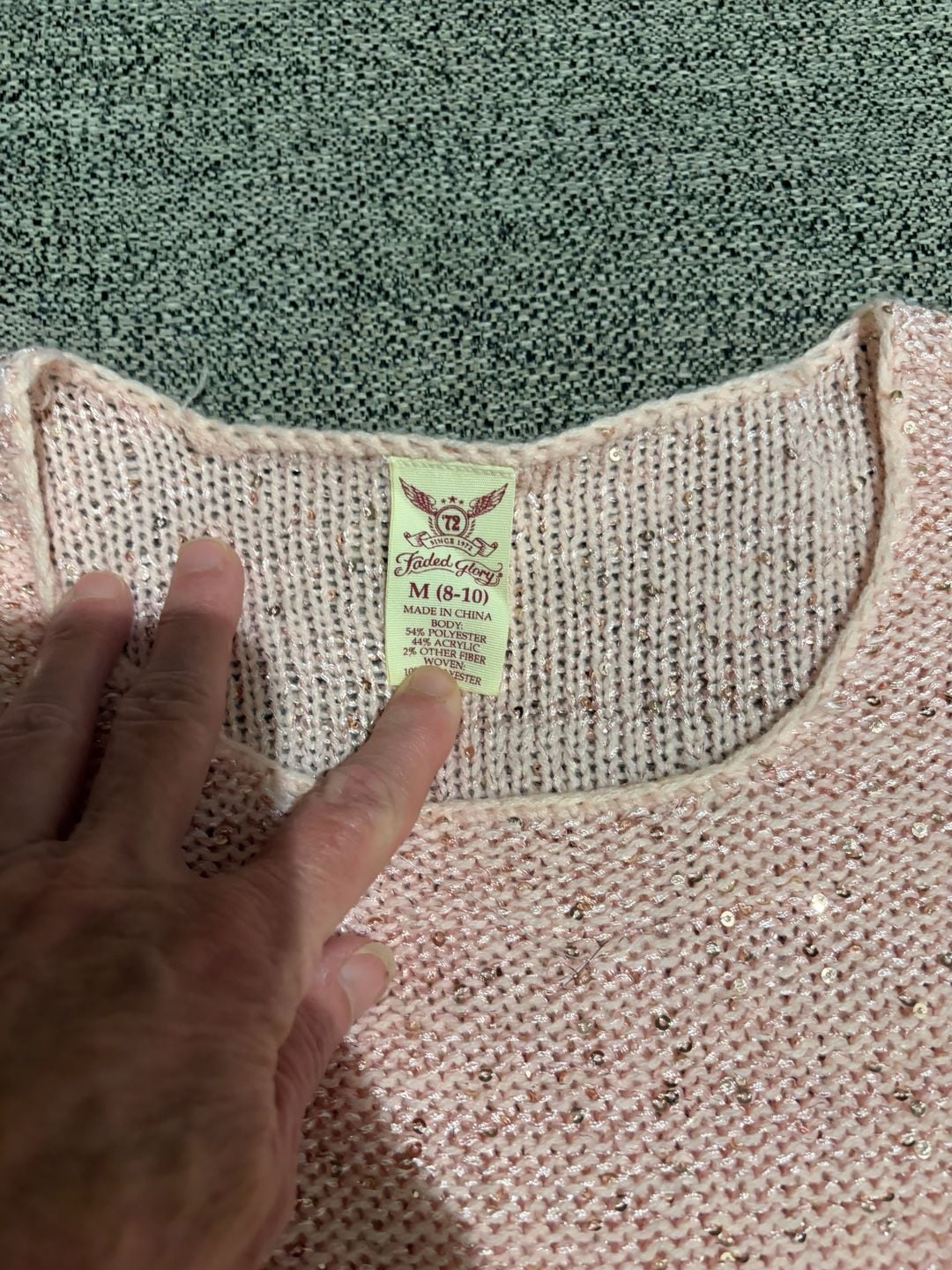 075-Faded Glory Sweater Size M (8-10) Pink Sequin Sheer Hem 4