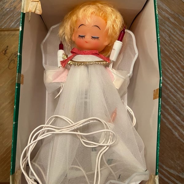 Vintage Light Up Angel Tree Topper White Dress Blonde Hair