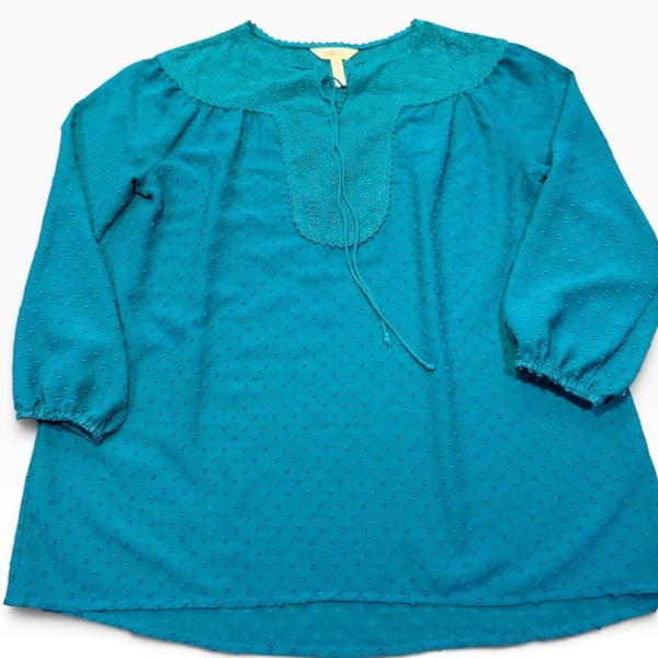 Matilda Jane Charisma Tunic Size M Teal Swiss Dot Eyelet Blouse