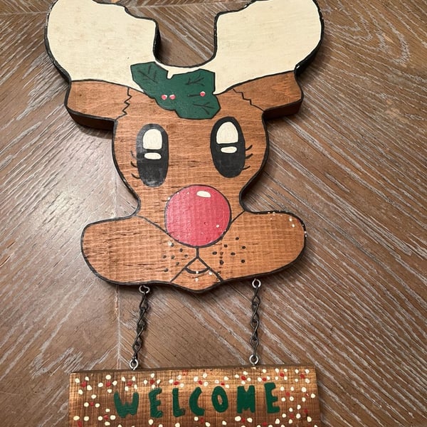 Handmade Wooden Rudolph the Red Nose Reindeer Welcome Sign Christmas Decor