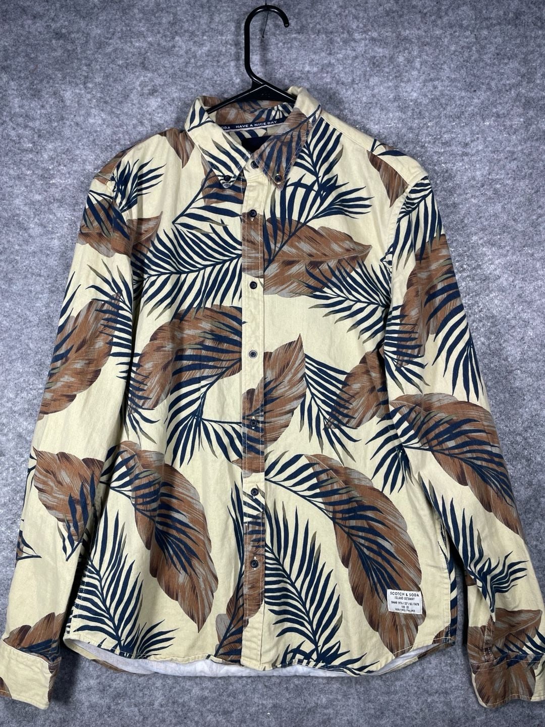 Scotch & Soda Island Getaway Palm Leaf Print Shirt Size L Tan Blue 2