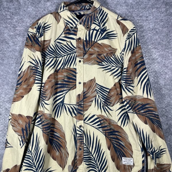 Scotch & Soda Island Getaway Palm Leaf Print Shirt Size L Tan Blue
