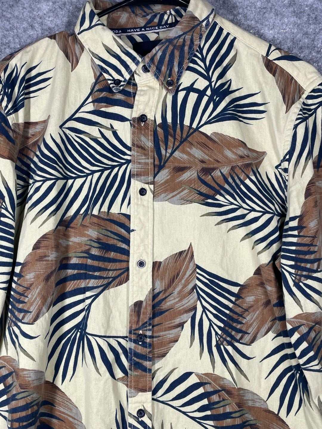 Scotch & Soda Island Getaway Palm Leaf Print Shirt Size L Tan Blue 3
