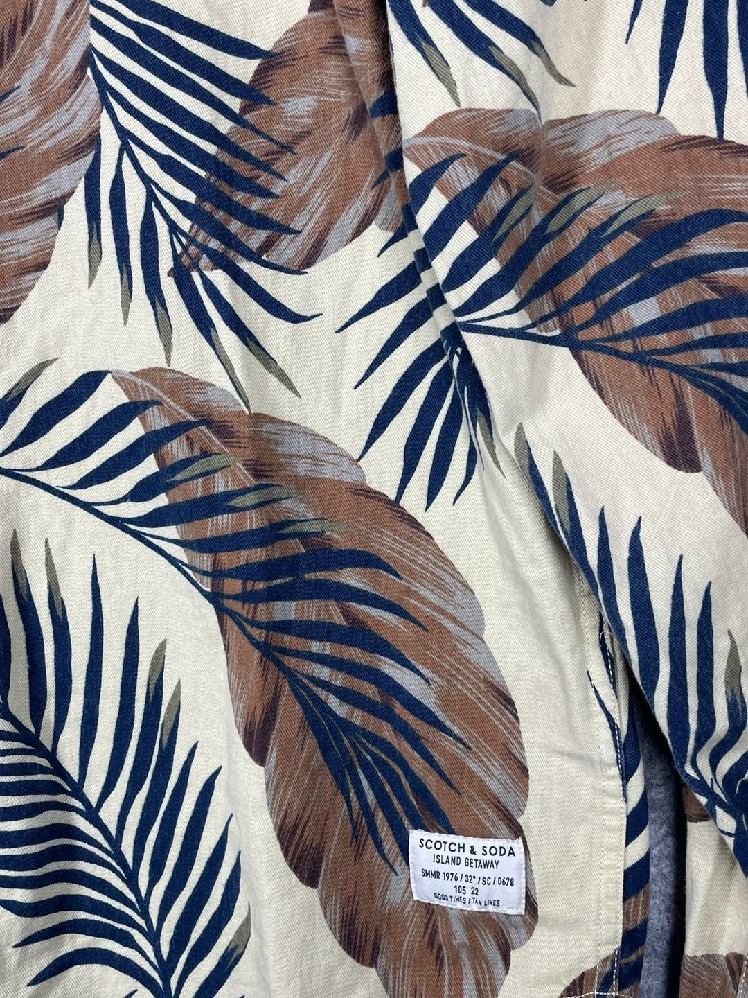 Scotch & Soda Island Getaway Palm Leaf Print Shirt Size L Tan Blue 4