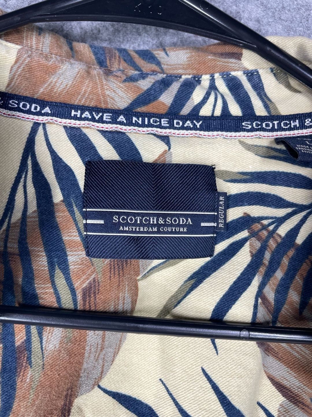Scotch & Soda Island Getaway Palm Leaf Print Shirt Size L Tan Blue 6