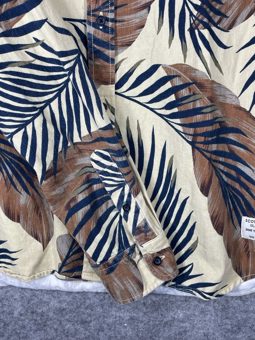 Scotch & Soda Island Getaway Palm Leaf Print Shirt Size L Tan Blue 11