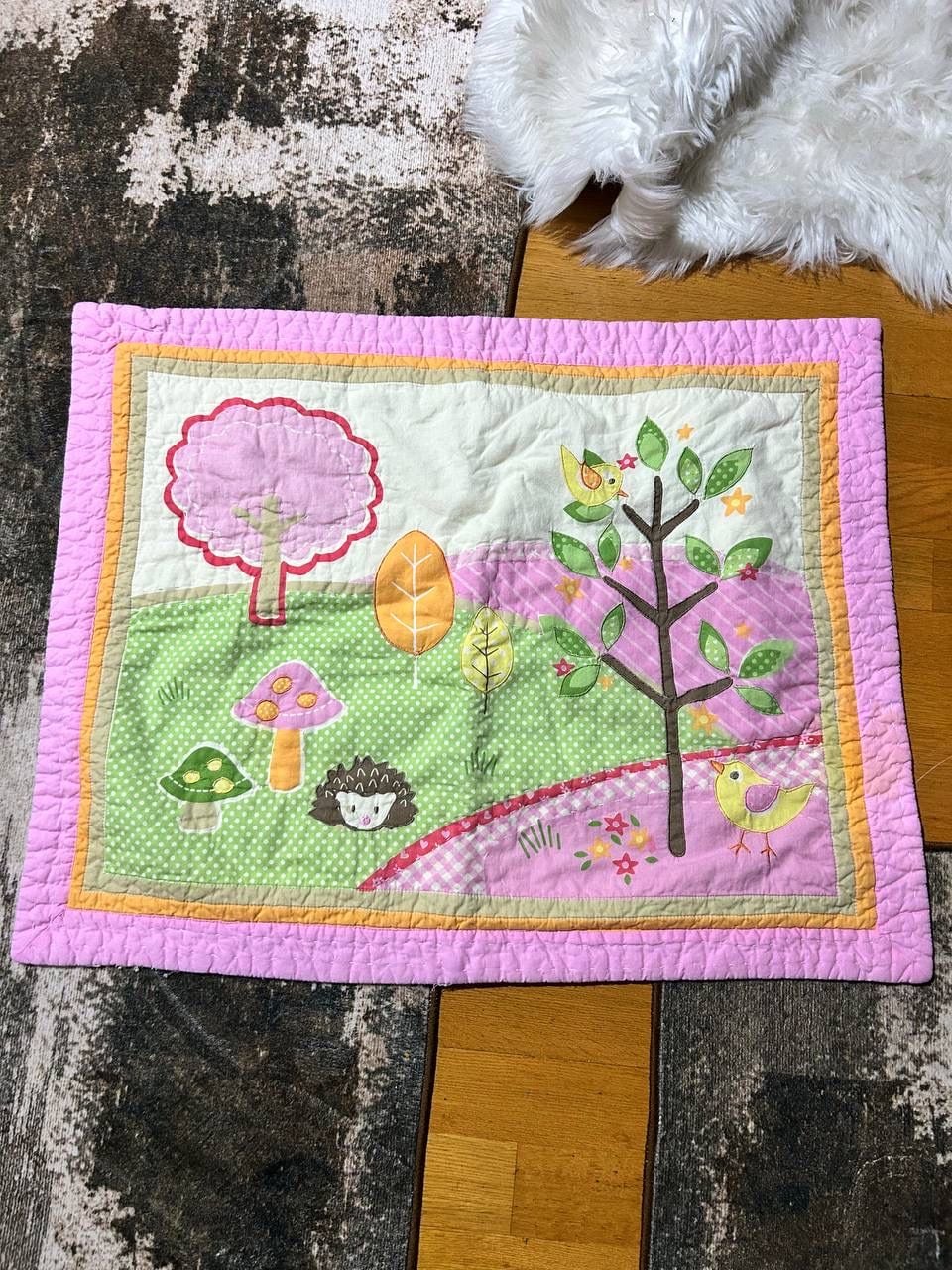 Woodland Animals Baby Quilt Hedgehog Birds Trees Mushrooms Pink Green 30x24 1