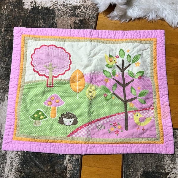 Woodland Animals Baby Quilt Hedgehog Birds Trees Mushrooms Pink Green 30x24