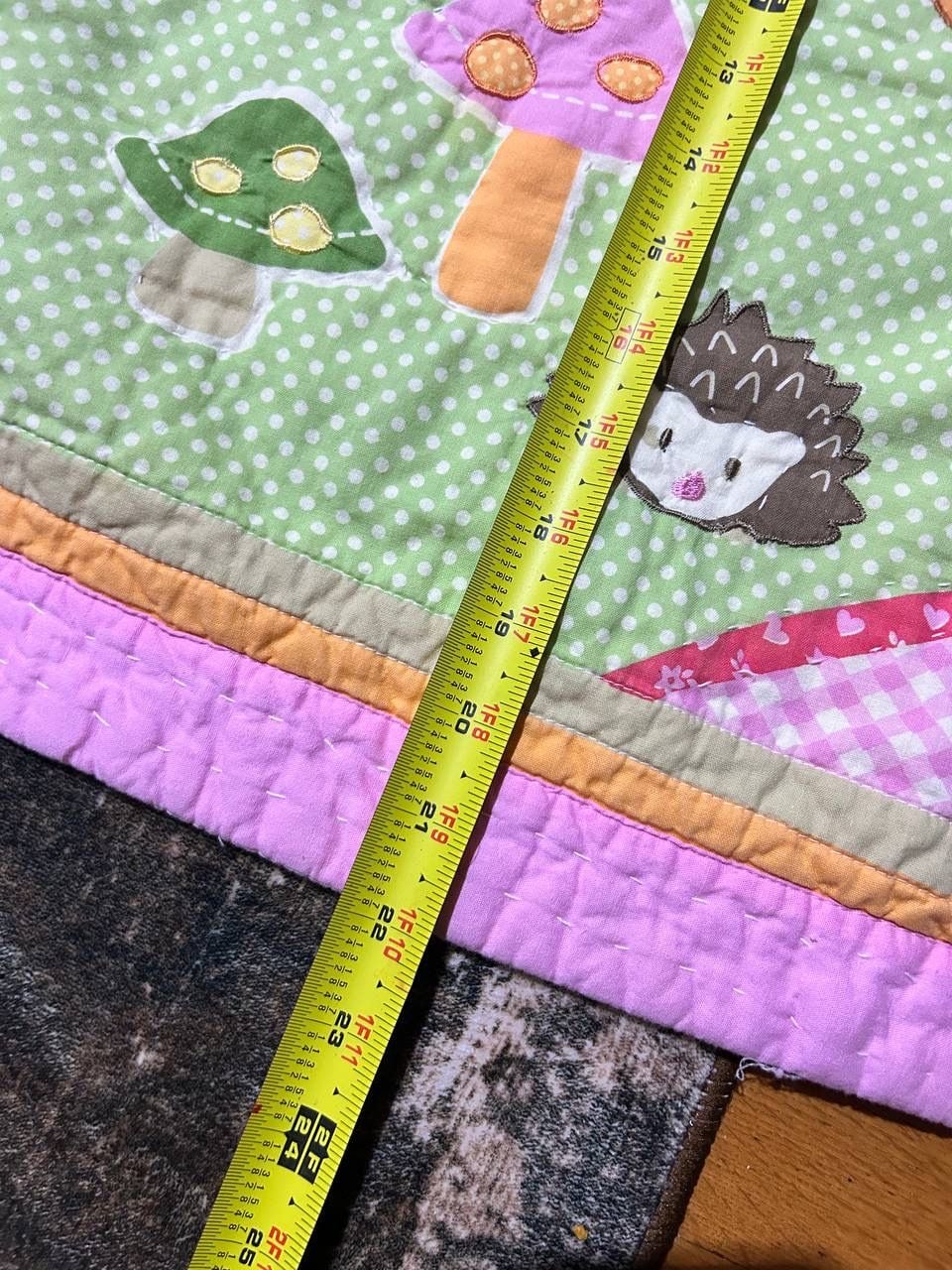 Woodland Animals Baby Quilt Hedgehog Birds Trees Mushrooms Pink Green 30x24 2
