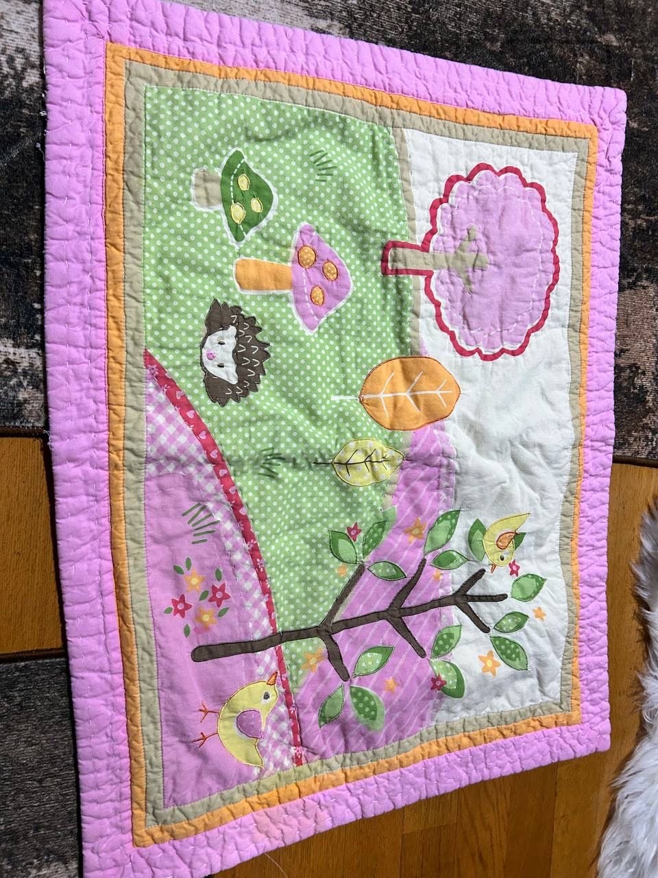 Woodland Animals Baby Quilt Hedgehog Birds Trees Mushrooms Pink Green 30x24 4
