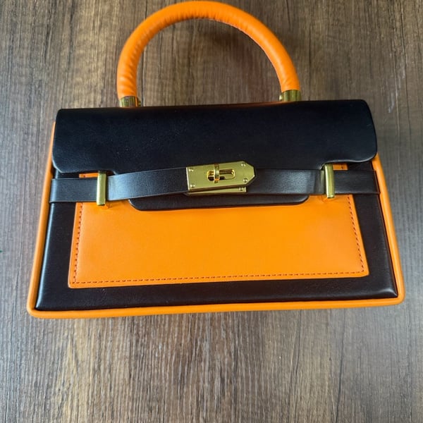 Unbranded Black Orange Leather Handbag Gold Hardware