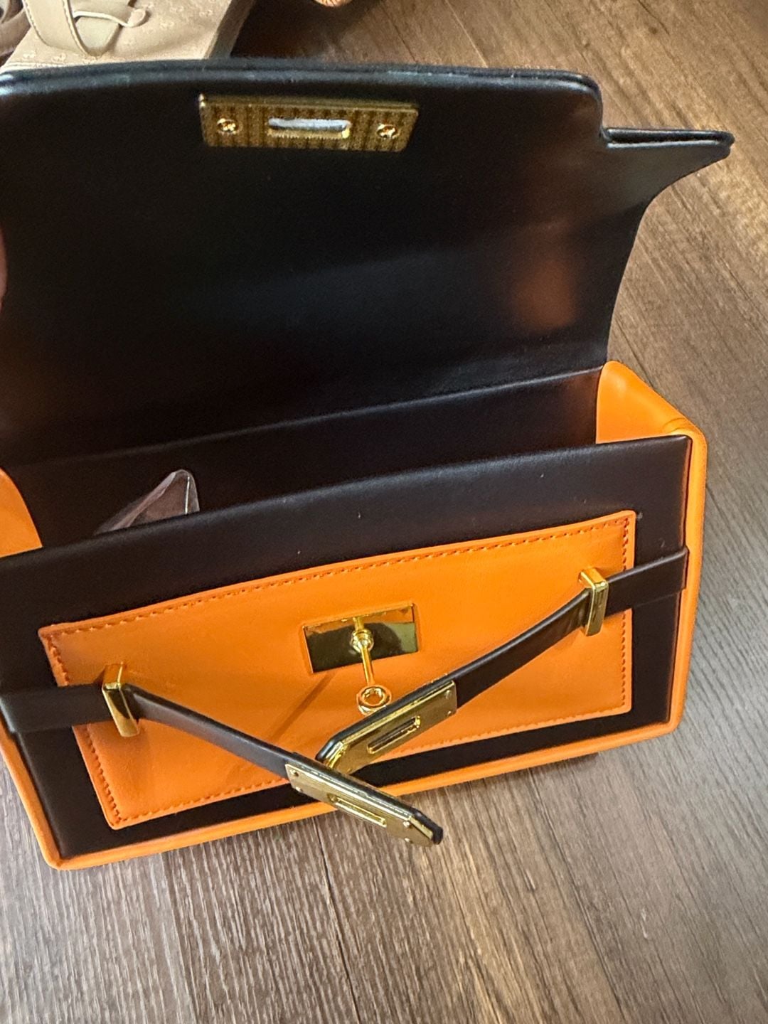 Unbranded Black Orange Leather Handbag Gold Hardware 7