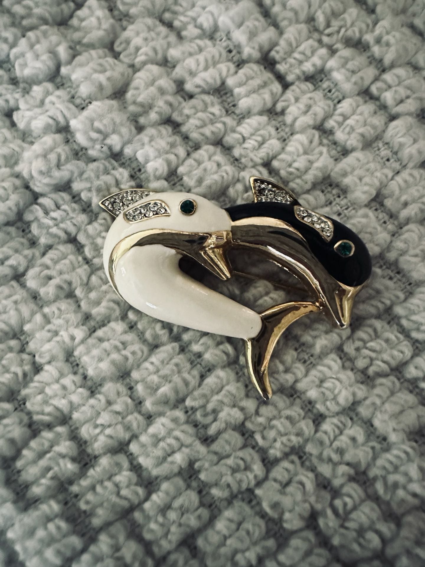Vintage Black and White Enamel Dolphin Brooch Pin with Rhinestones 2