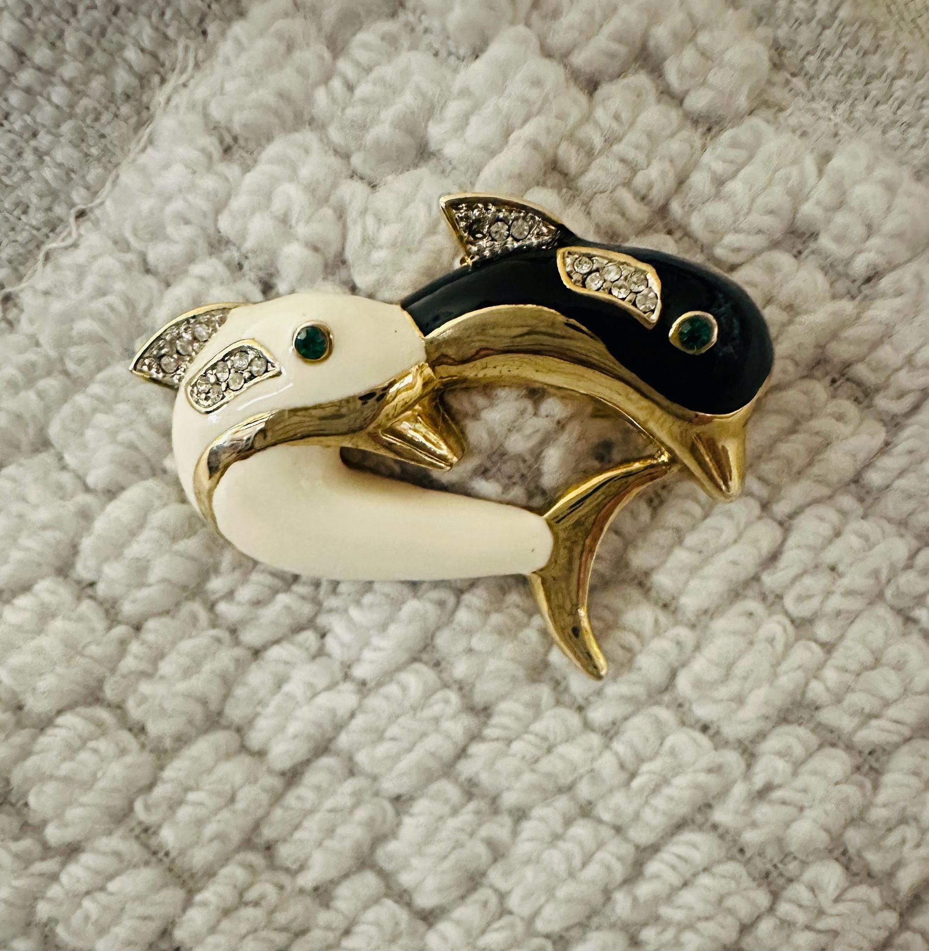 Vintage Black and White Enamel Dolphin Brooch Pin with Rhinestones 3