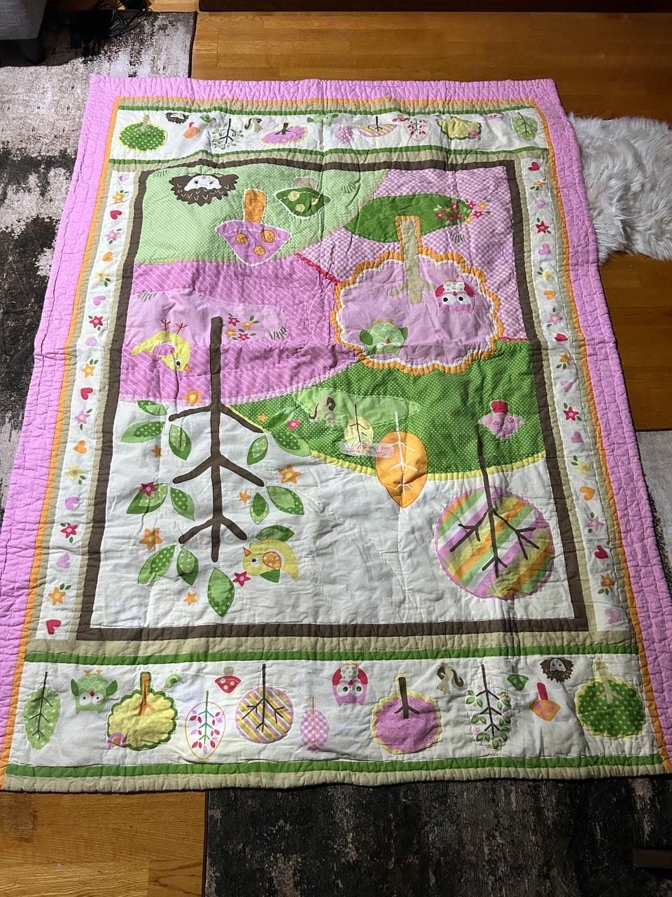 Woodland Animals Baby Crib Quilt Owl Hedgehog Birds Trees Pink Green 68x60 1