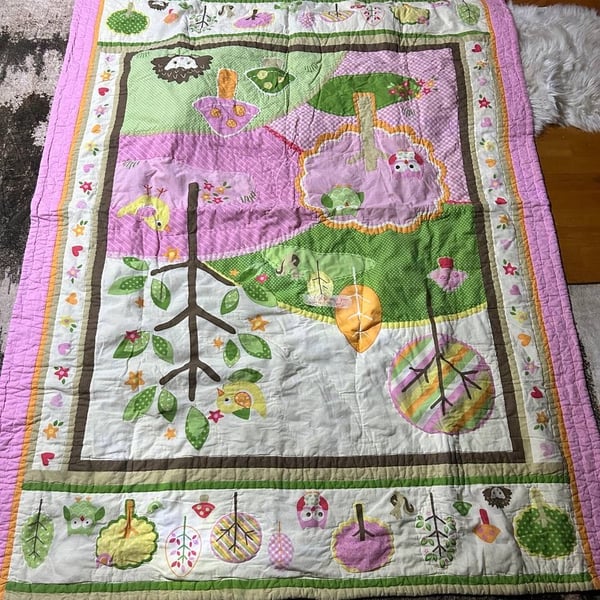 Woodland Animals Baby Crib Quilt Owl Hedgehog Birds Trees Pink Green 68x60