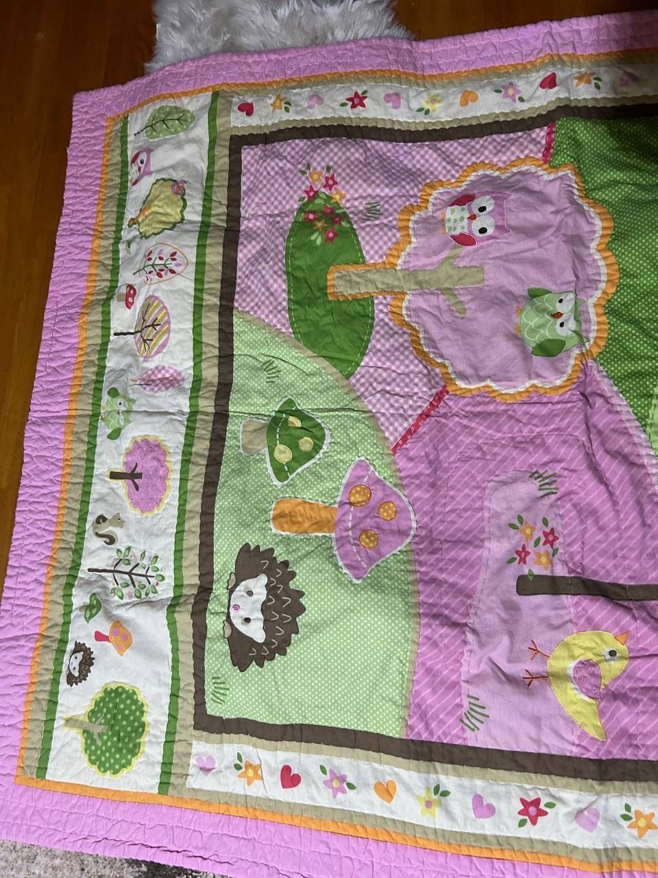 Woodland Animals Baby Crib Quilt Owl Hedgehog Birds Trees Pink Green 68x60 4