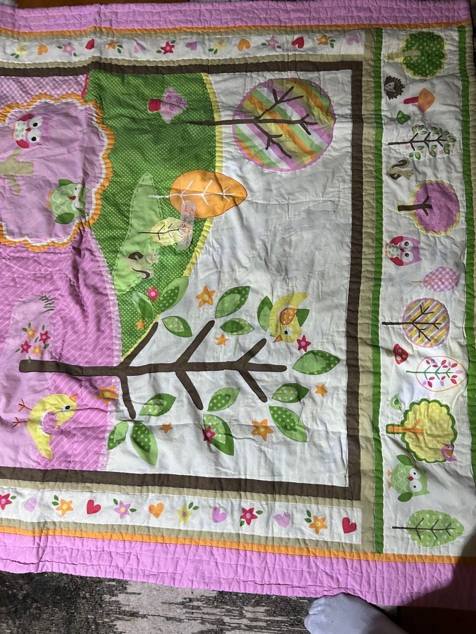 Woodland Animals Baby Crib Quilt Owl Hedgehog Birds Trees Pink Green 68x60 5