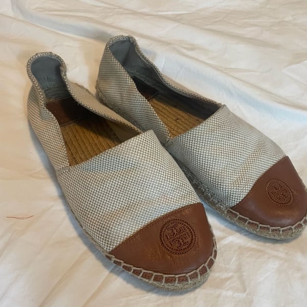 Tory Burch Tan Beige Woven Canvas Espadrille Flats