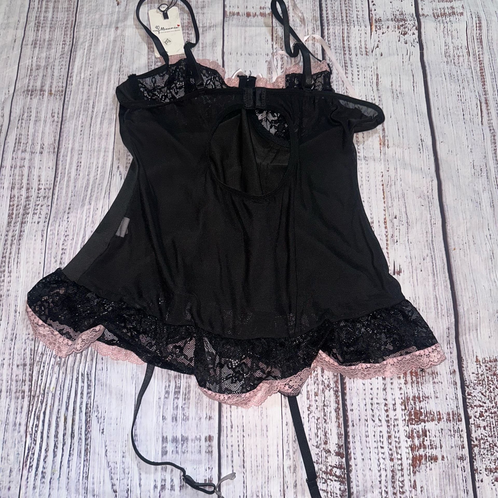 Maximes Lingerie Corset Size XL Black Lace Pink Bows 4
