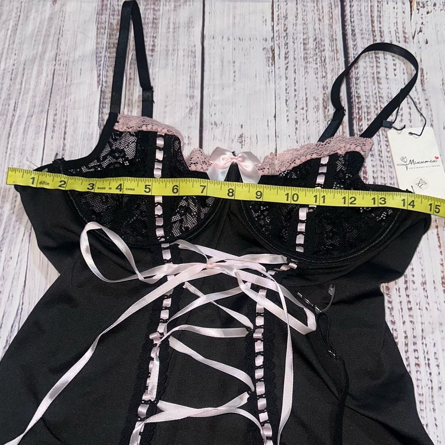 Maximes Lingerie Corset Size XL Black Lace Pink Bows 3