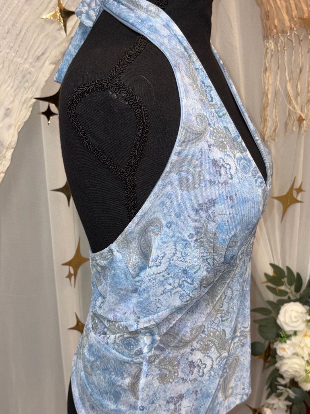 See You Monday Halter Tank Top Size L Blue Paisley Floral Cowl Neck 3