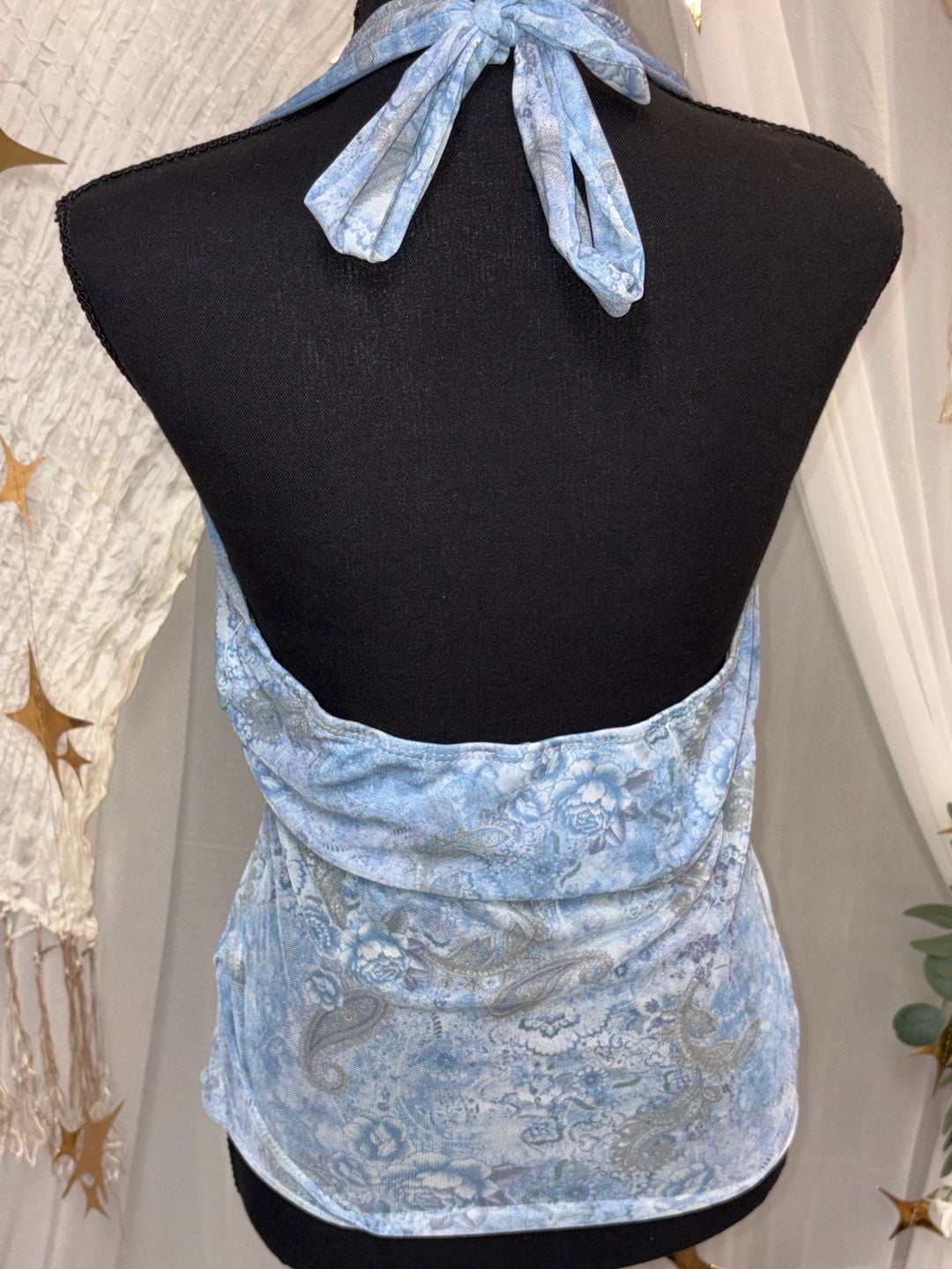 See You Monday Halter Tank Top Size L Blue Paisley Floral Cowl Neck 4