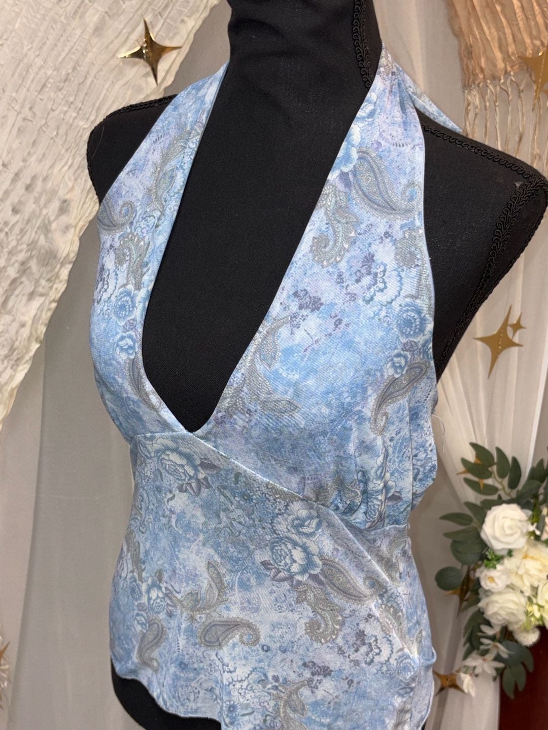 See You Monday Halter Tank Top Size L Blue Paisley Floral Cowl Neck 5