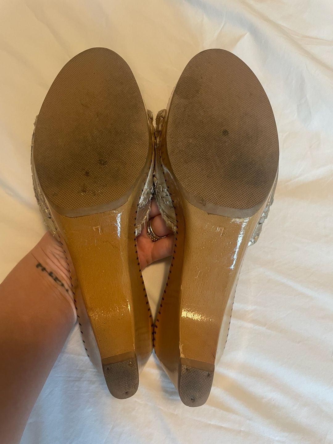 Jack Rogers Gold Leather Wedge Sandals 6