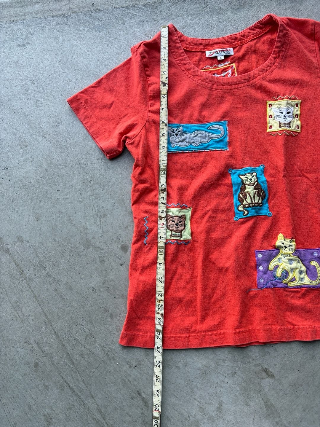 Kakeus Knits Cat Patches Applique Tee Size S Red Cotton T-Shirt 7