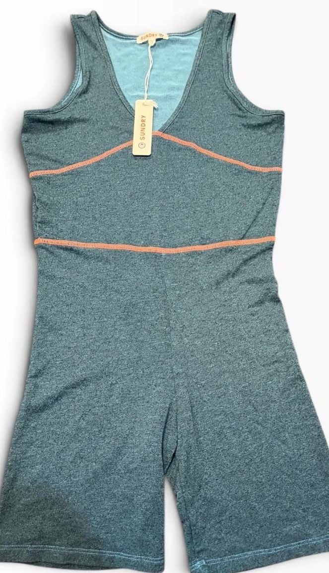 NWT Sundry Workout Romper Size 1 Heather Green Orange Stitching Active Jumpsuit 2