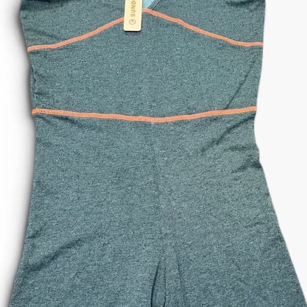 NWT Sundry Workout Romper Size 1 Heather Green Orange Stitching Active Jumpsuit
