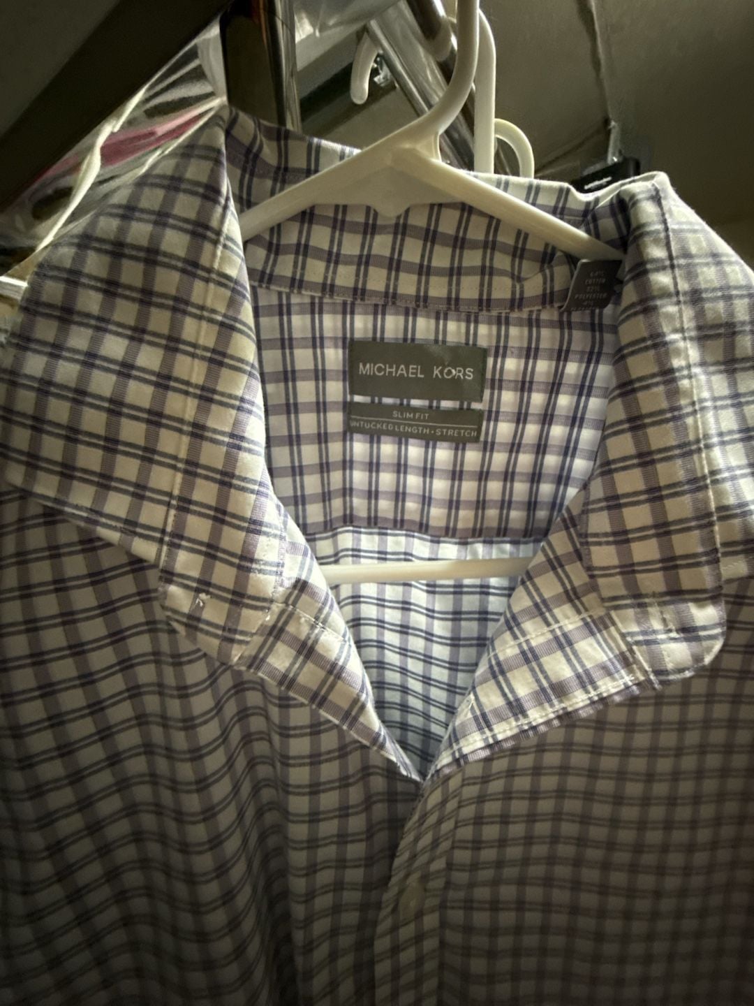 Michael Kors Plaid Dress Shirt Slim Fit size Large Untucked Length Stretch 3