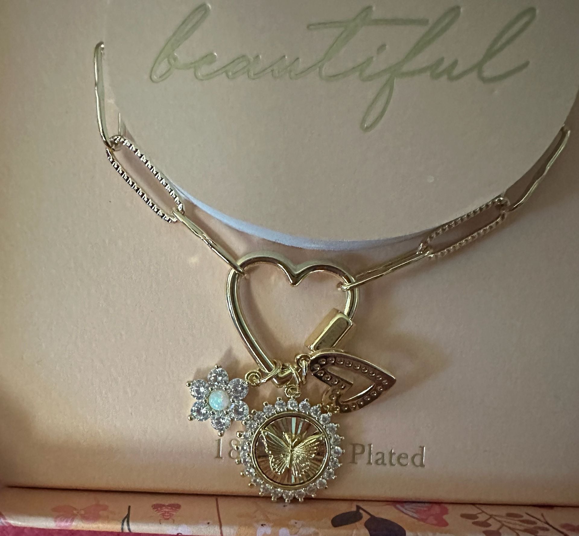 Brilliance 18K Gold Plated Charm Necklace with Heart and Butterfly Pendant 1