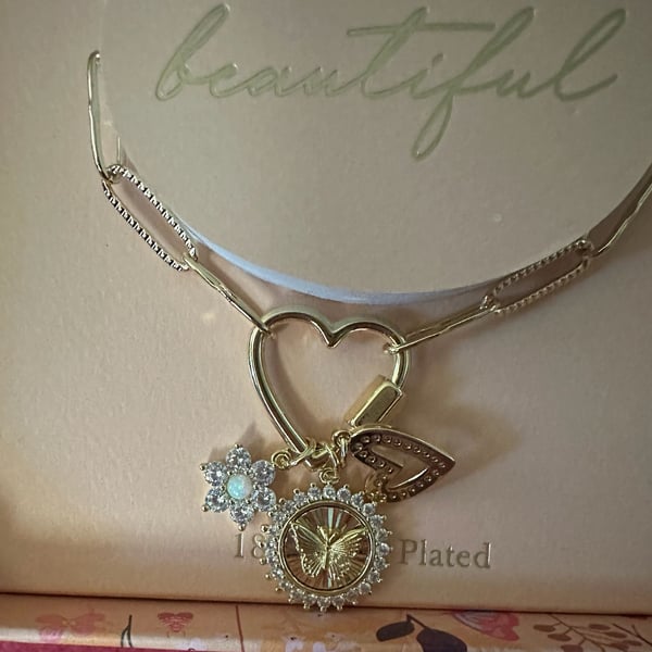 Brilliance 18K Gold Plated Charm Necklace with Heart and Butterfly Pendant