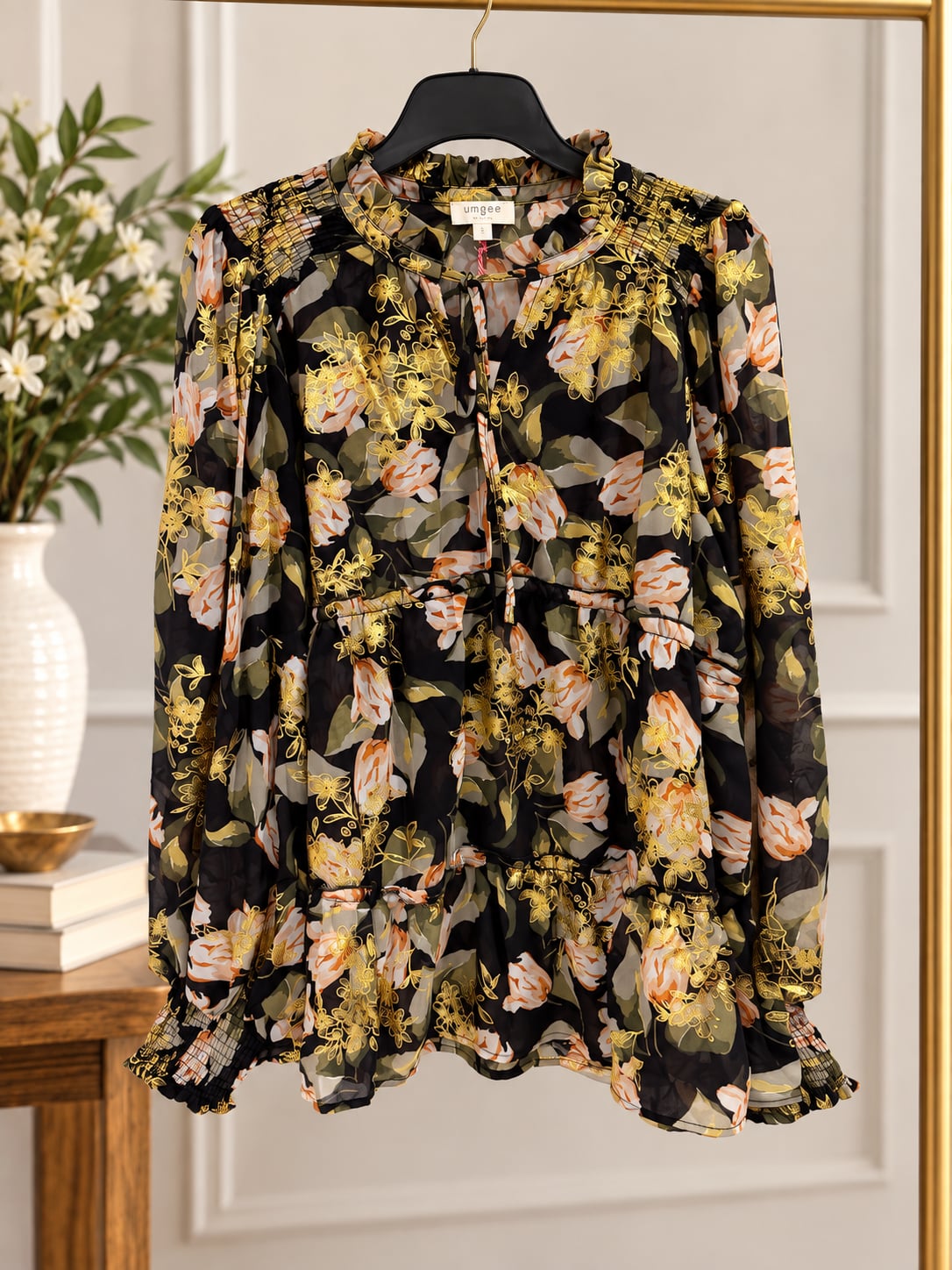 NWT Umgee boutique Floral Metallic Babydoll Blouse Sz L Black Gold 2