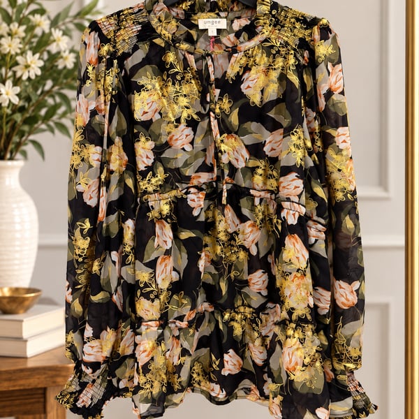 NWT Umgee boutique Floral Metallic Babydoll Blouse Sz L Black Gold