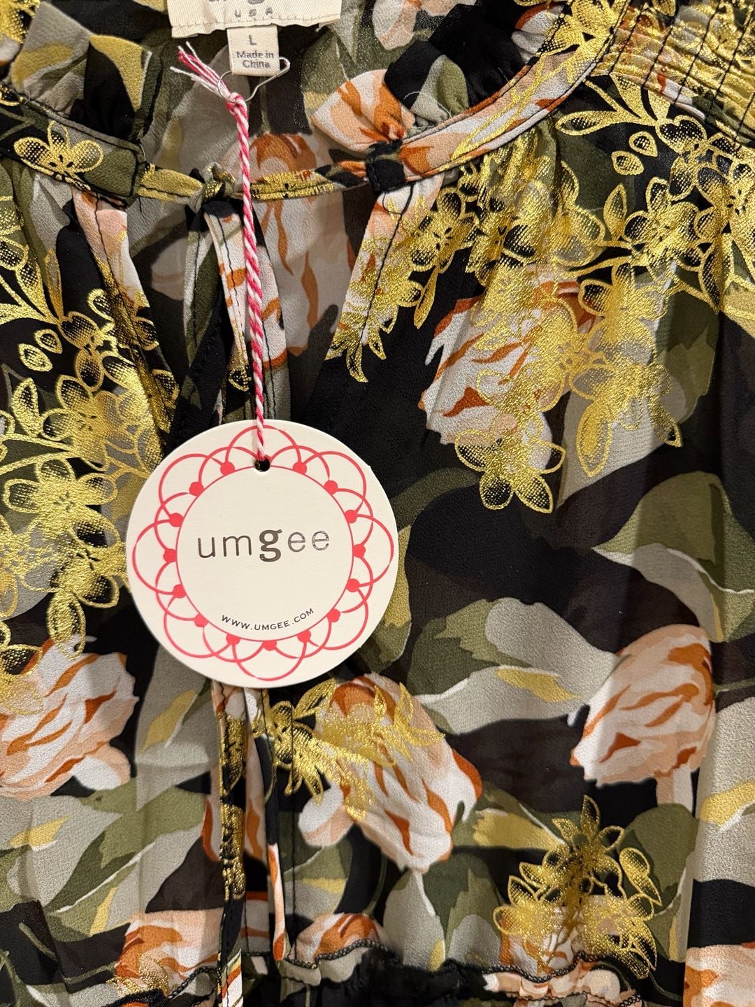 NWT Umgee boutique Floral Metallic Babydoll Blouse Sz L Black Gold 4