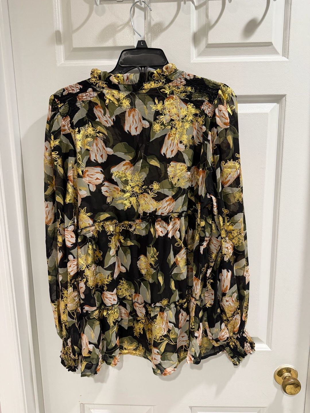 NWT Umgee boutique Floral Metallic Babydoll Blouse Sz L Black Gold 5